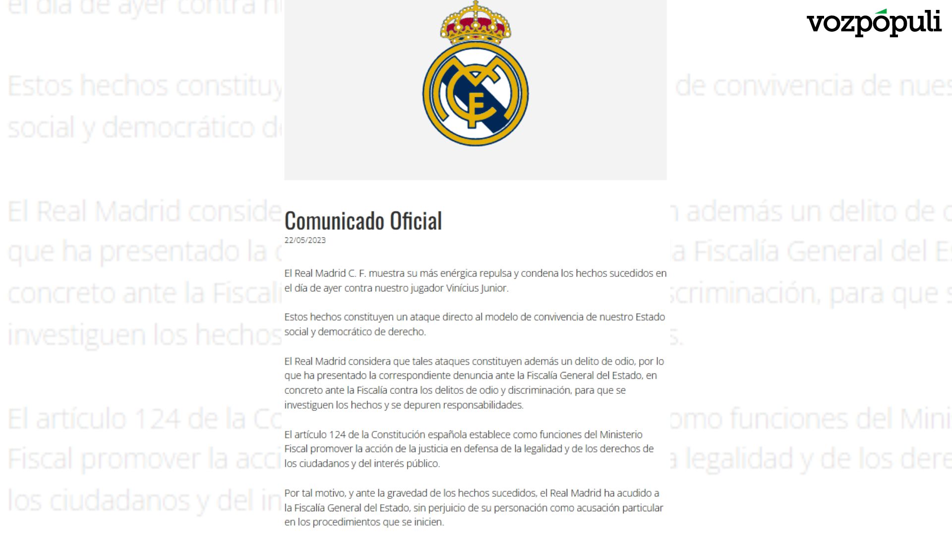 El Real Madrid denuncia ante la Fiscalía General del Estado los insultos a Vinicius en Mestalla
