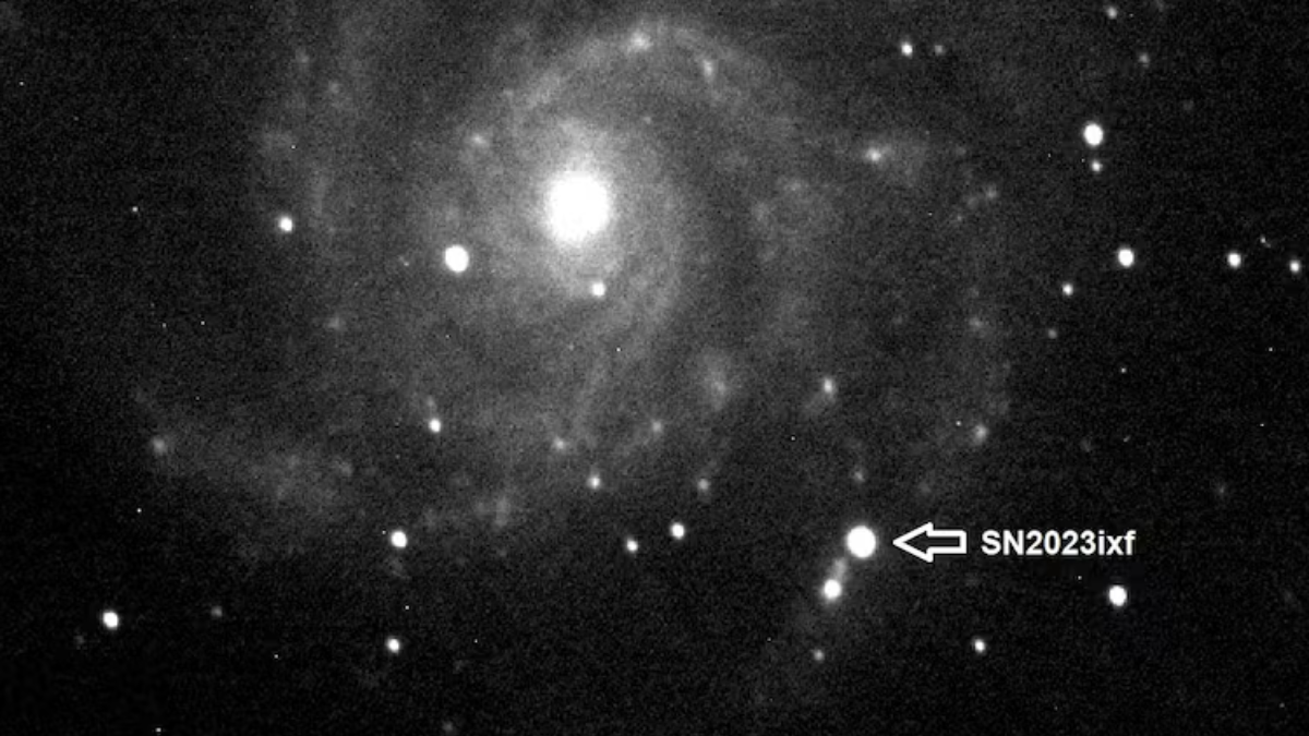 Imagen del autor de la Galaxia M101 indicando la posición de la supernova 2023ixf obtenida desde el Observatorio del Montseny (MPC B06) el 22 de mayo a las 21h30 UTC