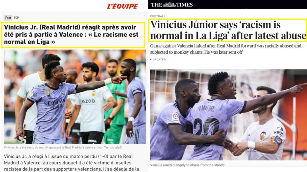 Noticias en 'Le'quipe' y 'The Times' sobre los insultos a Vinicius
