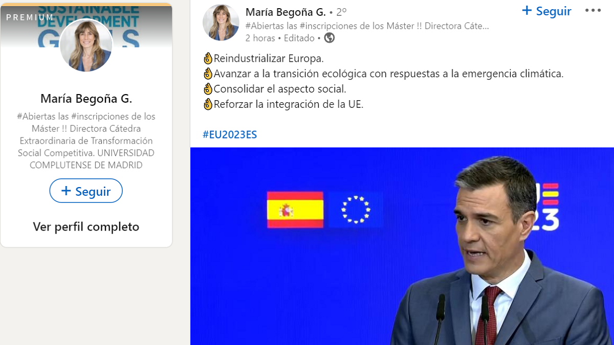 Begoña Gómez entra en campaña en LinkedIn para defender el legado de Sánchez frente al PP