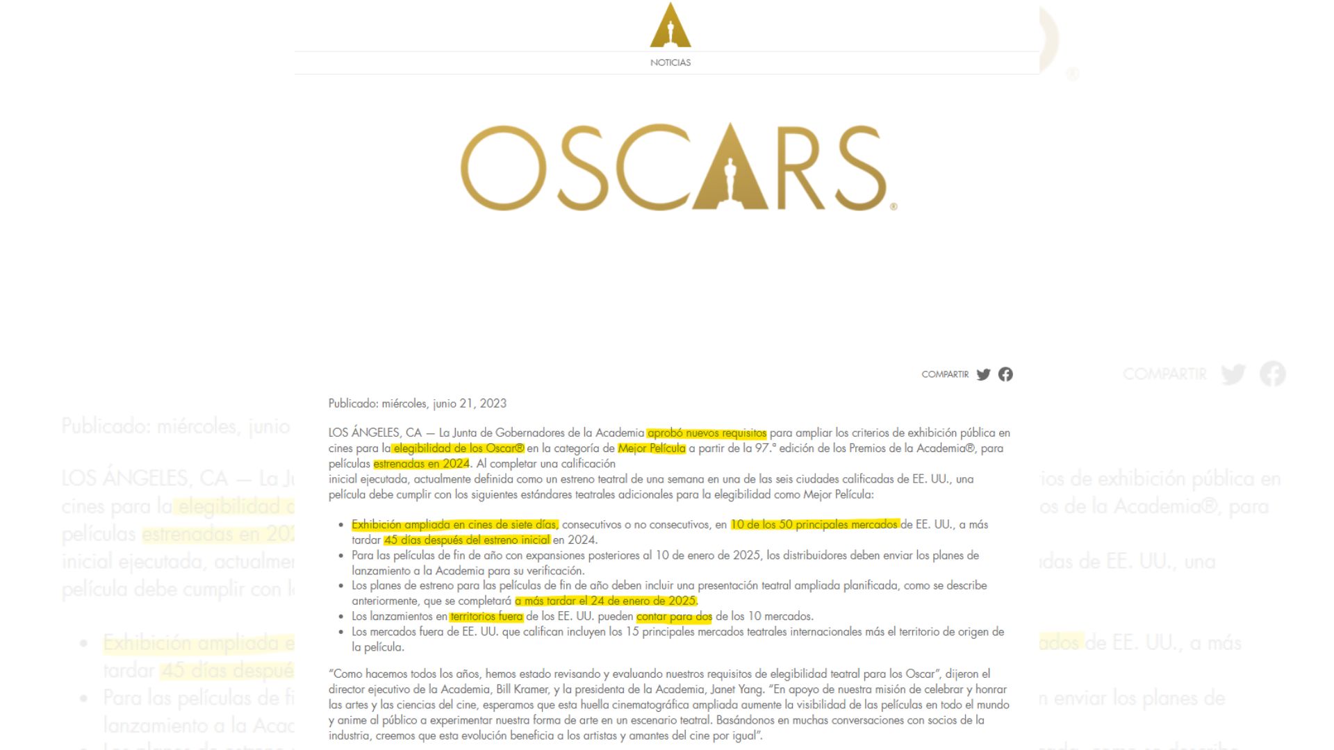 Comunicado de la Academia de Cine de Hollywood sobre los premios Oscar