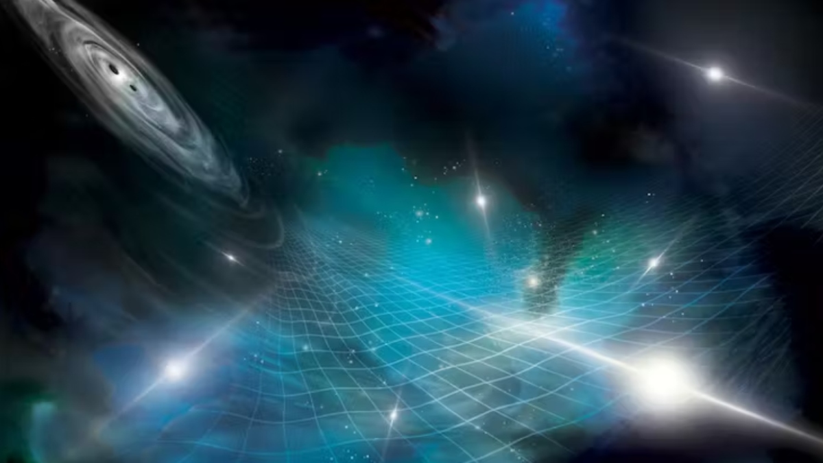 Recreación artística de púlsares afectados por ondas gravitacionales generadas por la fusión de dos agujeros negros supermasivos