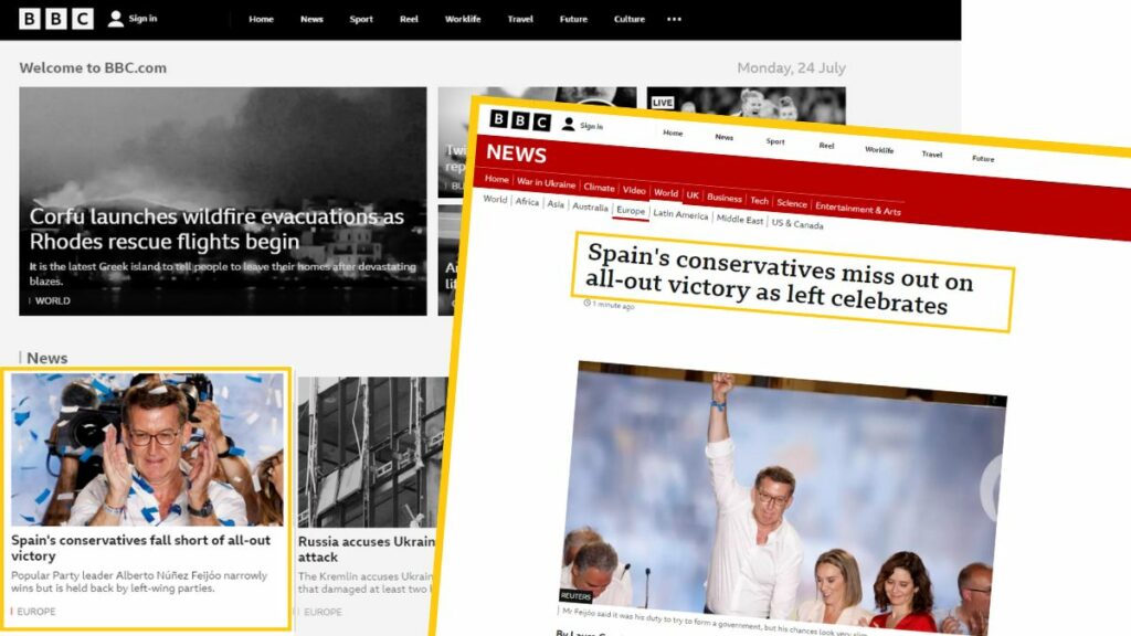 'BBC', uno de los medios que abre con la noticia de los resultados de las elecciones generales del 23-J