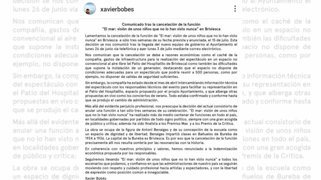 Comunicado de Xavier Bobés en la que denuncia "censura" a una de sus obras