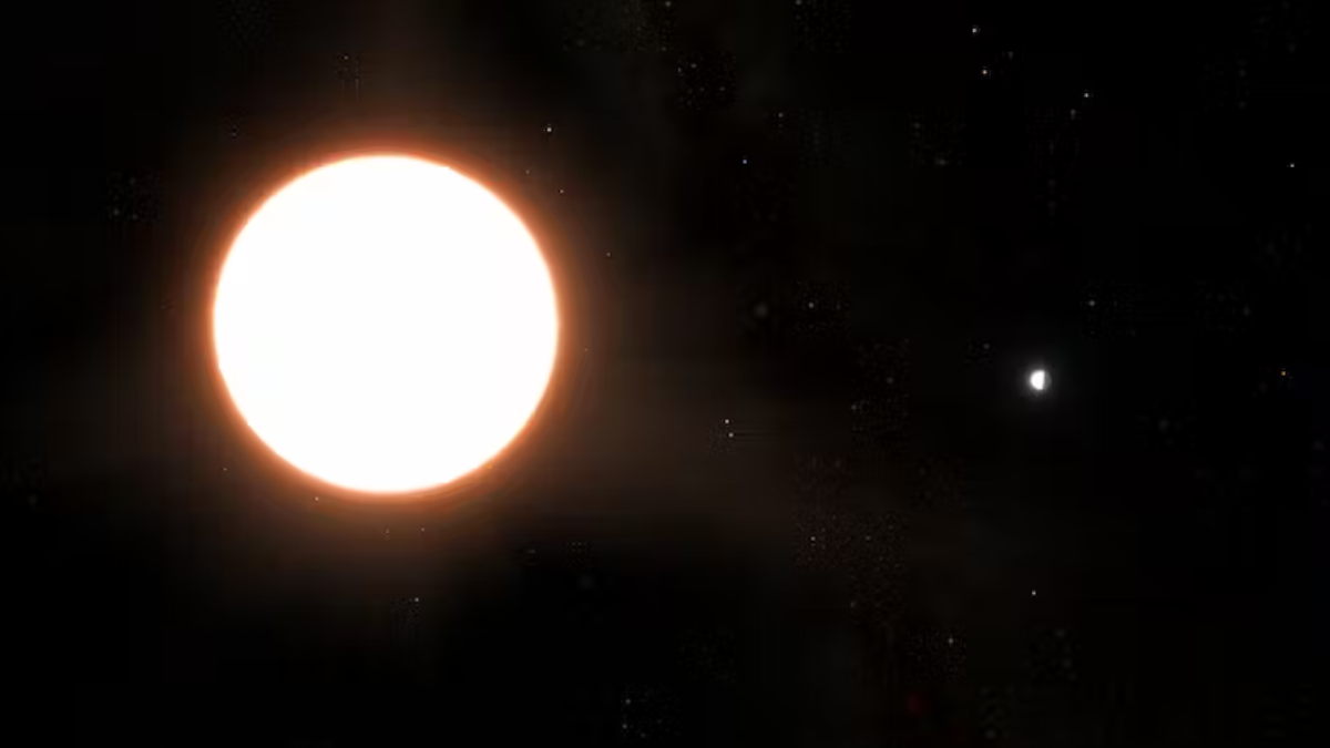 Impresión artística del exoplaneta LTT9779b (a la derecha) orbitando su estrella anfitriona (izquierda) situado a 260 años-luz de la Tierra. Se trata del planeta más brillante descubierto hasta la fecha