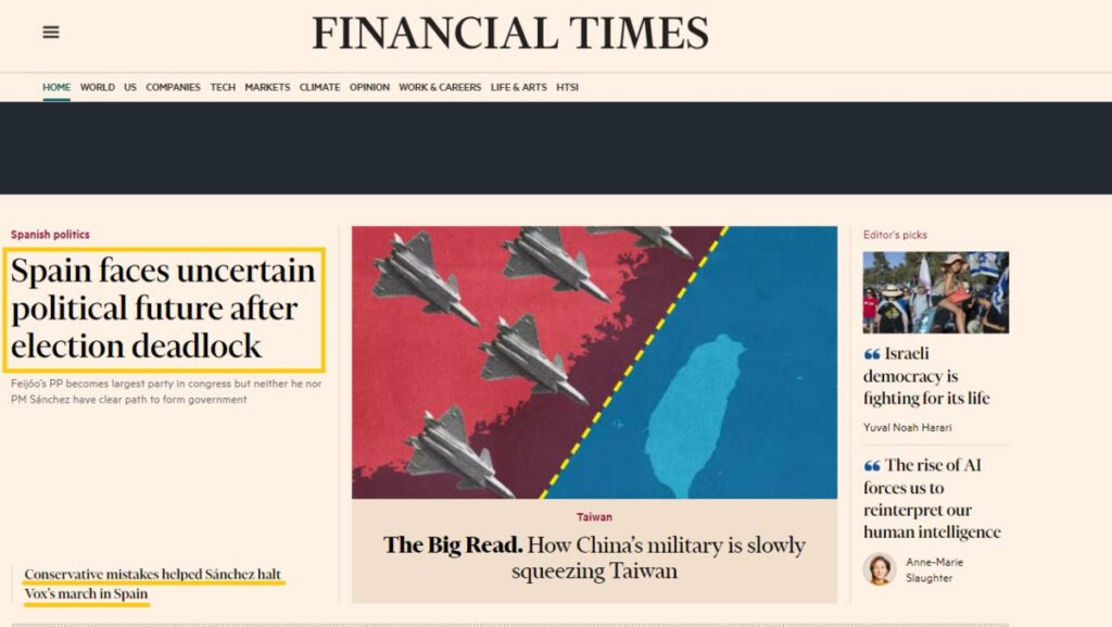 'Financial Times', uno de los medios que abre con la noticia de los resultados de las elecciones generales del 23-J