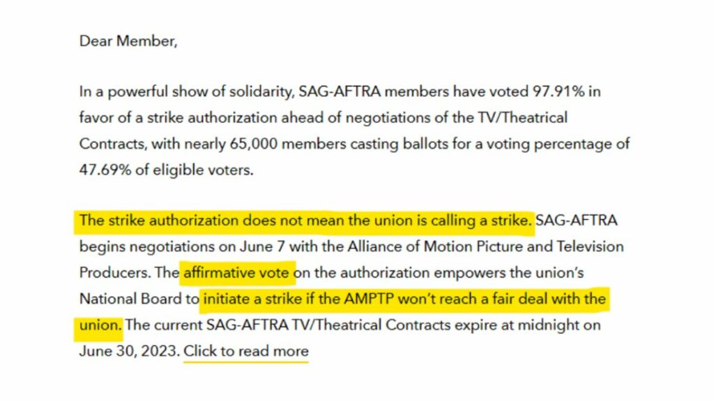 Comunicado sobre la votación de autorización de huelga de actores del sindicato SAG-AFTRA