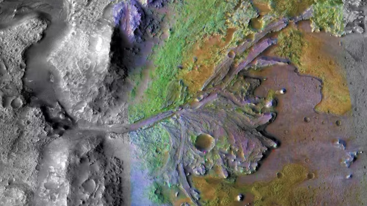Imagen parcial del borde del cráter Jezero mostrando en falso color diferentes terrenos en la formación del delta aluvial al desembocar un río cuyos meandros aparecen en la parte superior izquierda