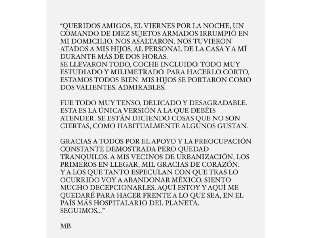 El cantante Miguel Bosé envía un comunicado tras el robo en su casa a punto de pistola