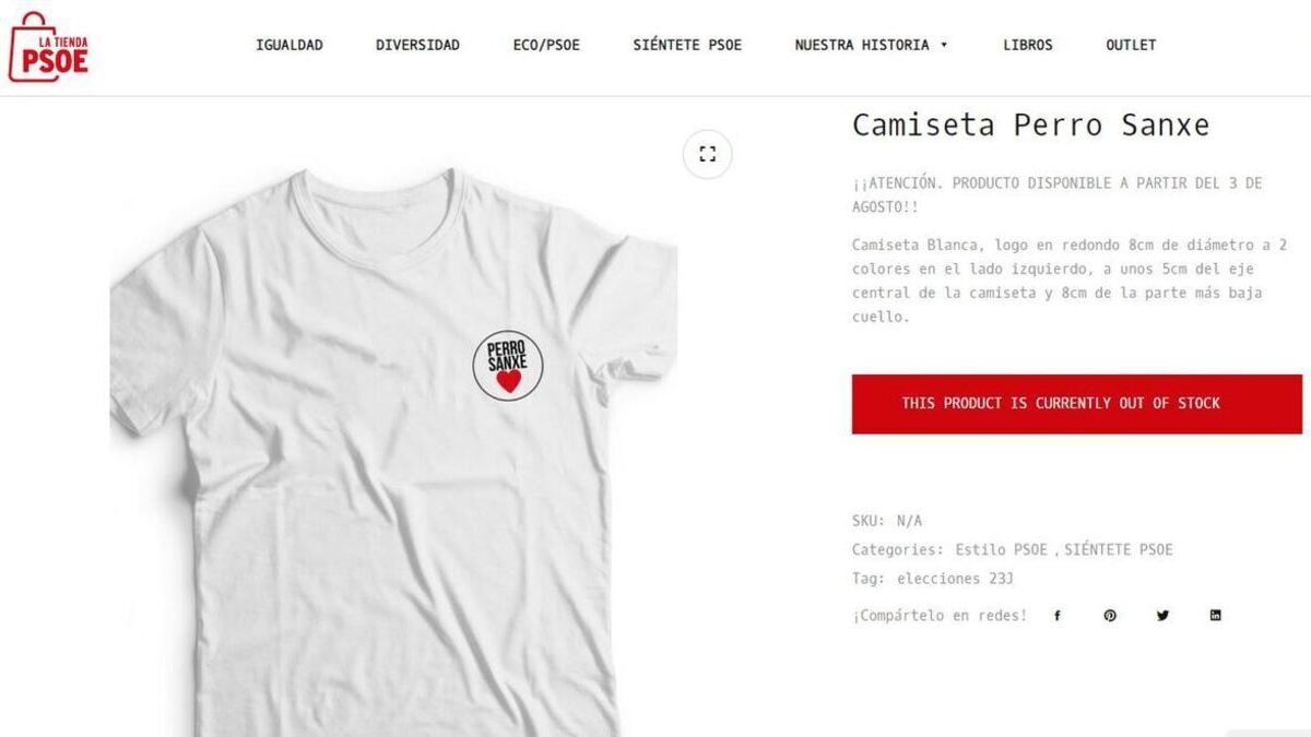Captura de la web de la tienda del PSOE con la venta de camisetas de Perro Sanxe.