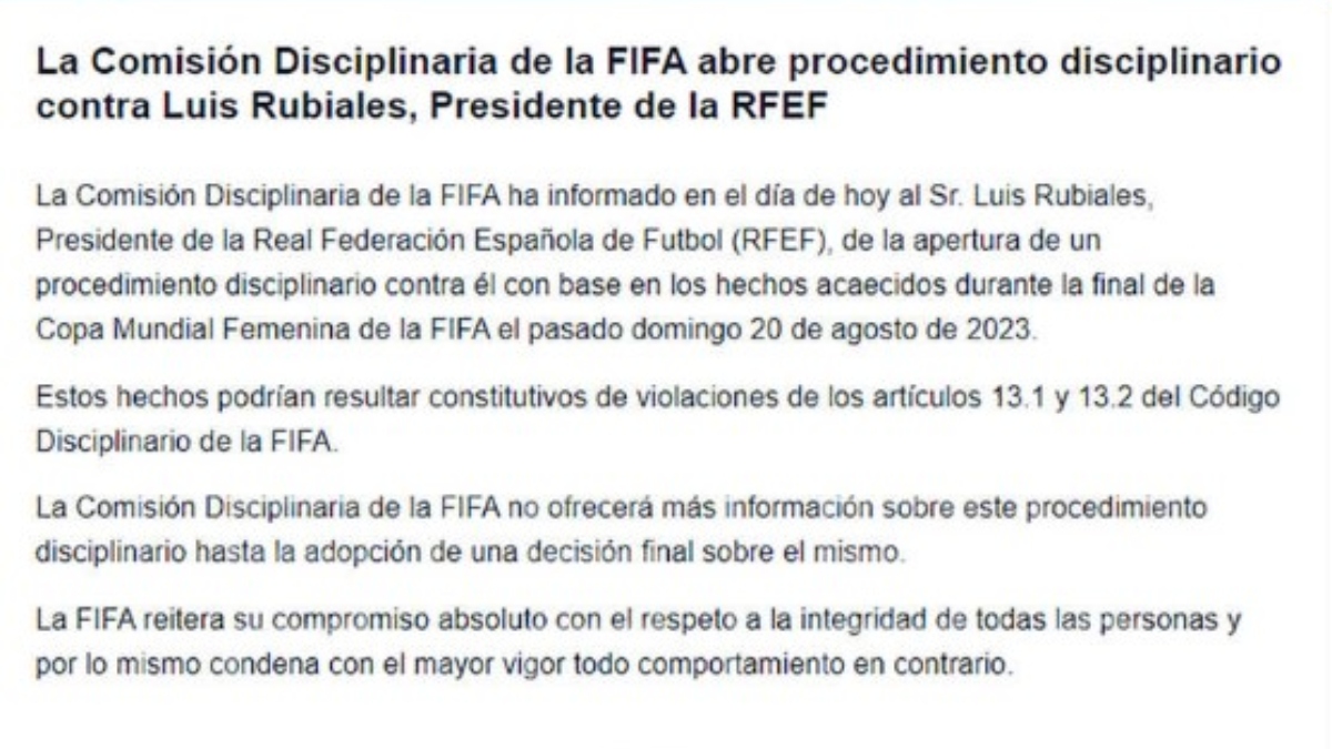 La FIFA Da La Puntilla A Luis Rubiales Con La Apertura De Un Expediente ...