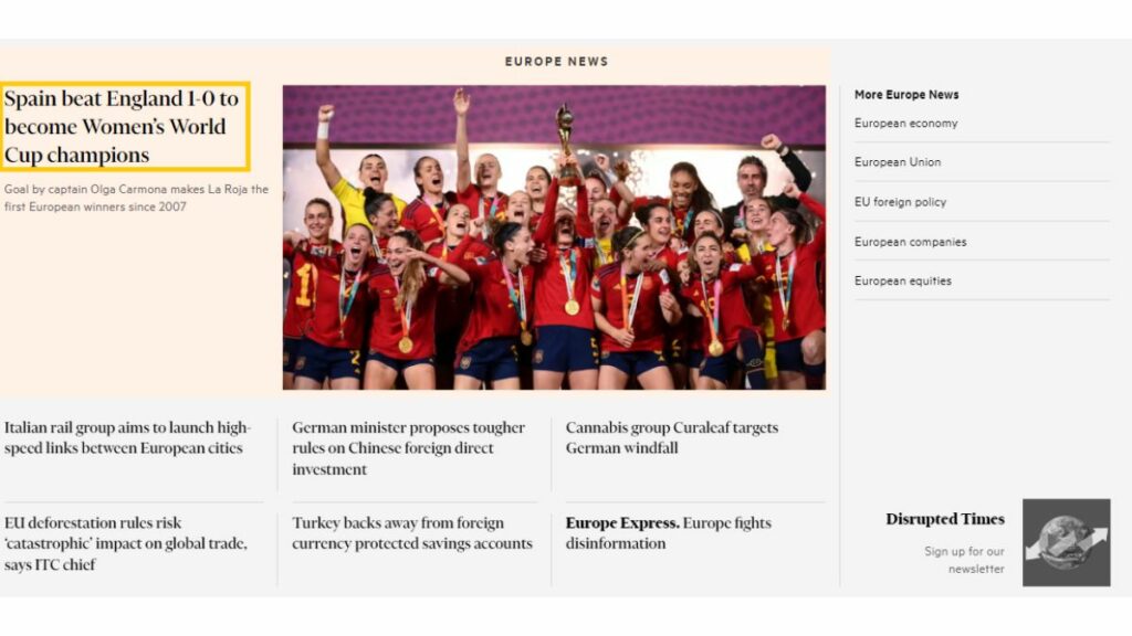 Noticia sobre la Selección española femenina, campeona del Mundial, en 'Financial Times'