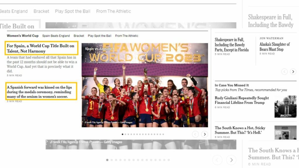Noticia sobre la Selección española femenina, campeona del Mundial, en 'The New York Times'