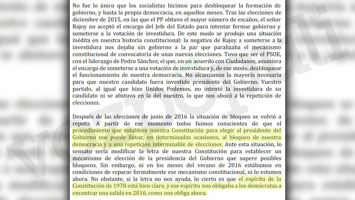 Carta de 66 diputados socialistas que firmaron pidiendo a los parlamentarios del PP que se abstuvieran para que gobernara Sánchez