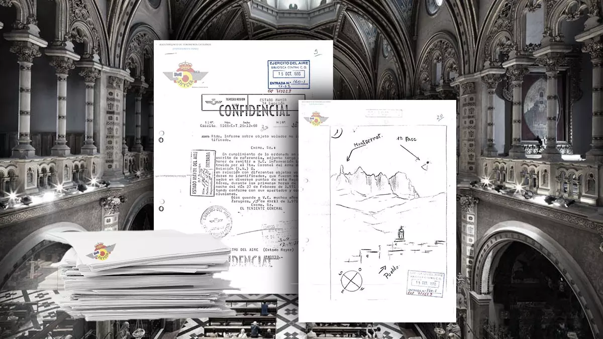 Documentos del Ejército del Aire, en un montaje con la Basílica de Montserrat