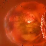 Visualización de un enorme cuerpo planetario brillante producido por una colisión planetaria