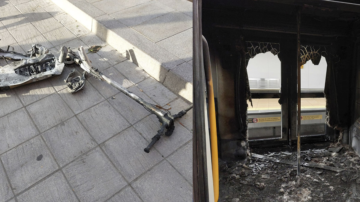 La explosión de los patinetes de la imagen izquierda provocaron un incendio que destrozó un convoy del Metro de Madrid