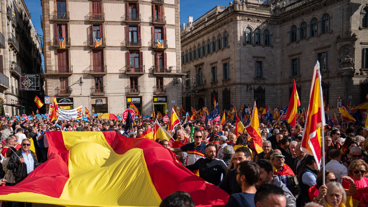 Miles de personas durante una manifestación contra la amnistía en Barcelona