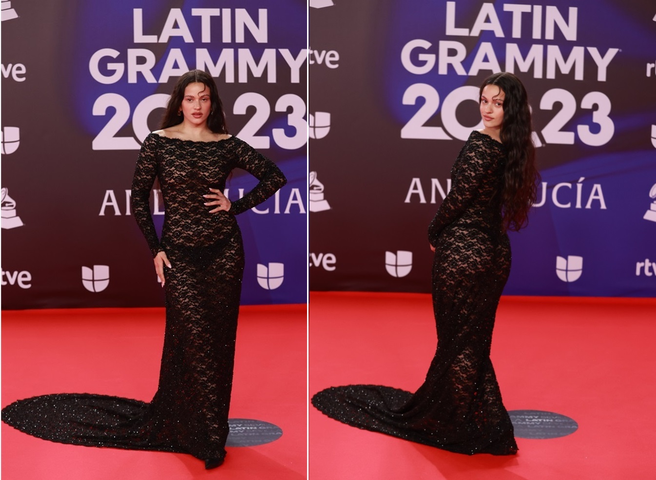 La cantante Rosalía con un vestido negro de encaje y transparencias de Balenciaga