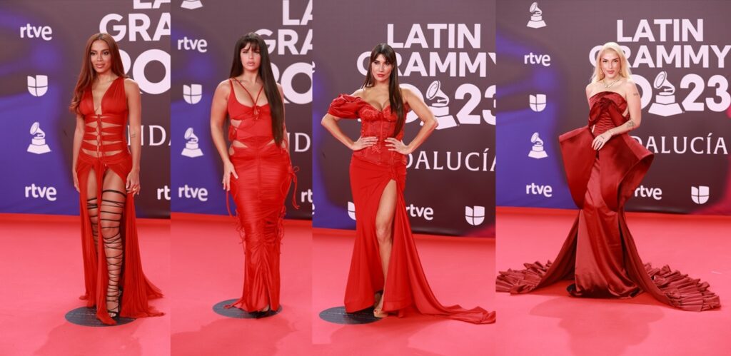 Las cantantes Anitta, Nathy Peluso, Tatiana Espinoza y Elena Rose con vestidos de color rojo en los Latin Grammy 2023