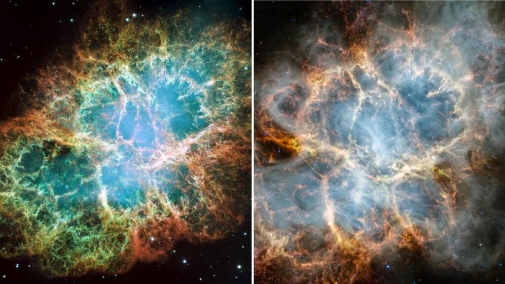 Comparativa entre las imágenes de la la Nebulosa del Cangrejo registradas por el telescopio espacial Hubble en el visible (izquierda) y el James Web