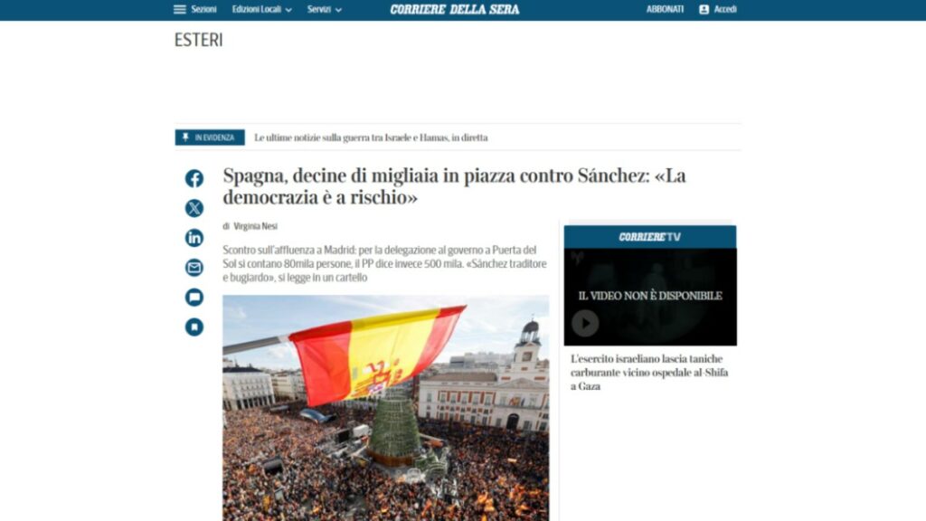 Noticia del 'Corriere della Sera' sobre las protestas en España contra la amnistía