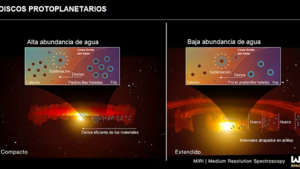Una interpretación de los datos del espectrómetro MIRI del Telescopio Webb. Muestra la diferencia entre la deriva de los pequeños agregados sólidos y el contenido en agua en un disco compacto frente a un disco extendido que presenta materiales en regiones anulares (toroidales) y huecos entre ellos. En el disco compacto de la izquierda, a medida que las pequeñas rocas recubiertas de hielo se desplazan hacia la región interna más cálida por la proximidad a la estrella, no tienen obstáculos. Cuando cruzan la llamada línea del hielo, ese manto helado se convierte en vapor y proporciona agua a las regiones donde se están formando los embriones planetarios. A la derecha se muestra un disco extendido que presenta anillos y huecos. A medida que esos agregados rocosos y cubiertos de hielo caen hacia el interior, muchos se detienen en los huecos y quedan atrapados en esas estructuras toroidales. Por tanto, menos rocas atravesarán la línea de hielo para transportar agua a la región interna del disco. Figura adaptada por el autor de la original