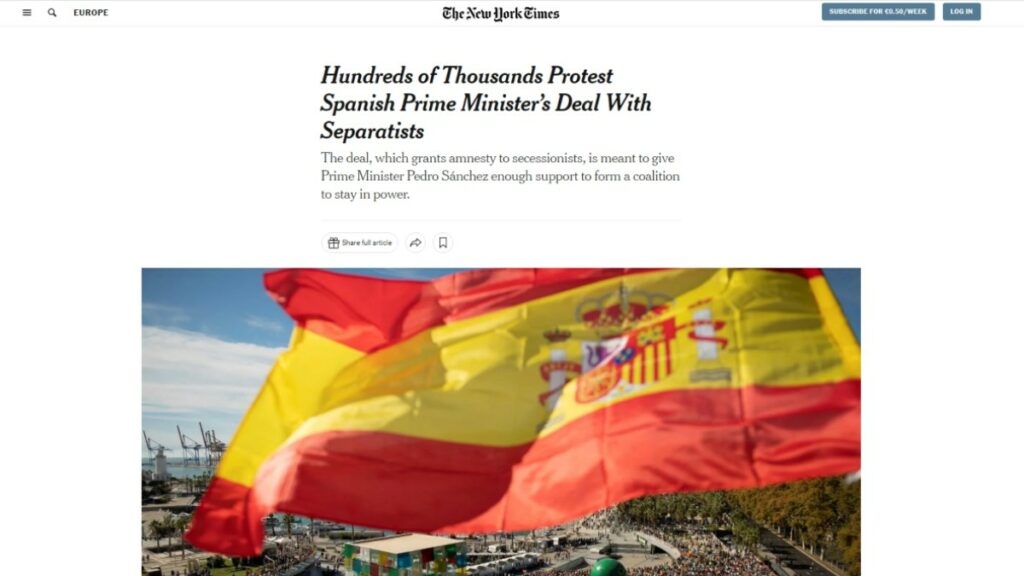 Noticia de 'The New York Times' sobre las protestas en España contra la amnistía