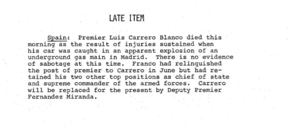 La confusión de la CIA con el asesinato de Carrero Blanco: del escape de gas a vincularlo a un juicio contra CCOO