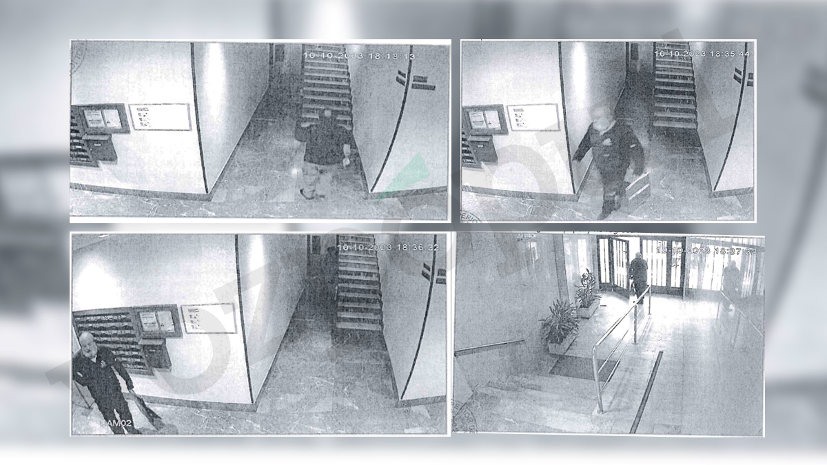 El primer fotograma es del portero subiendo a la casa de su asesino y la posterior huida del delincuente