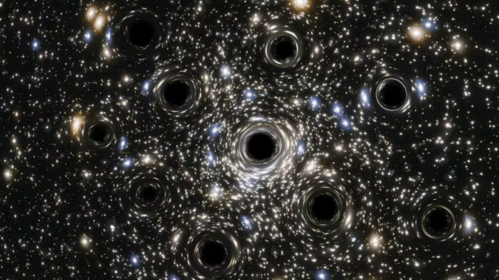 Interpretación artística de una concentración de agujeros negros primordiales de diferentes tamaños situados en el centro de la galaxia NGC 6397. 