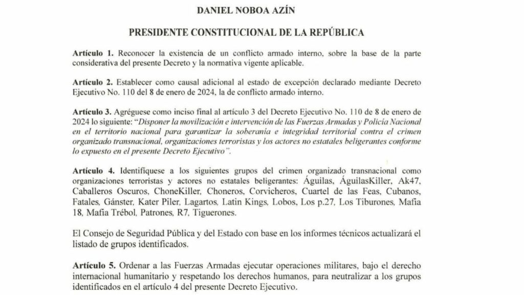 Decreto que declara el conflicto interno en Ecuador