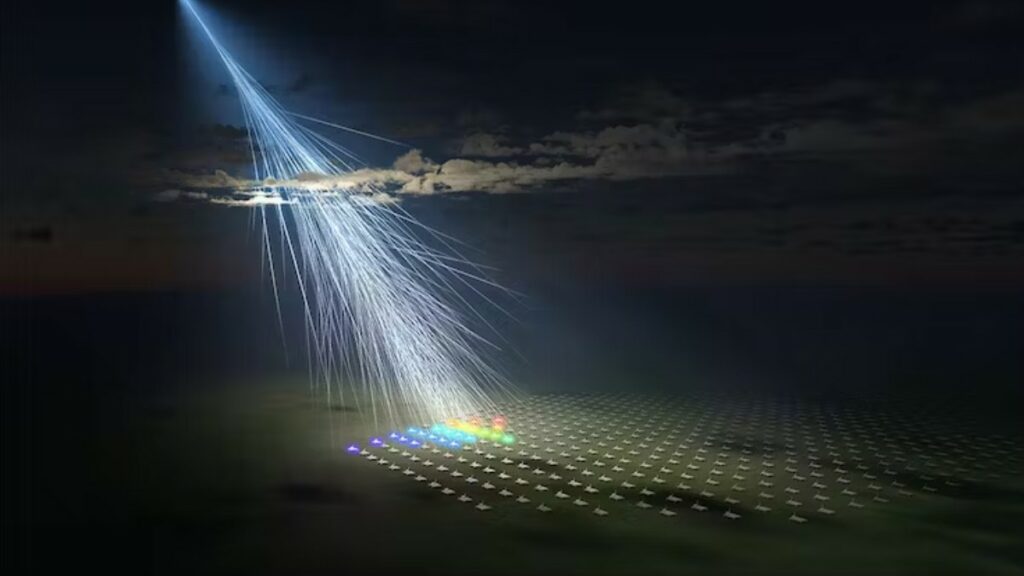 Ilustración de la partícula cósmica Amaterasu captada por el detector de rayos cósmicos de superficie Telescope Array en Utah. Esta partícula portaba una energía un millón de veces superior a la que se puede generar en el LHC