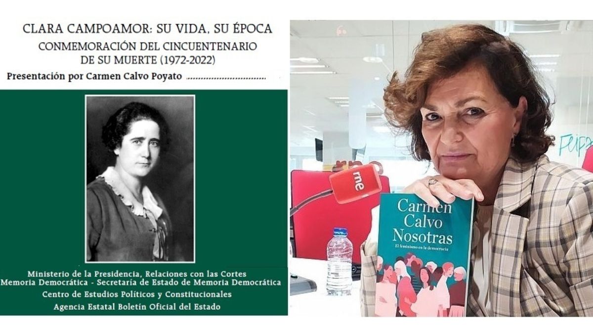 Libro sobre Clara Campoamor atribuido subrepticiamente a Calvo. A la derecha, con su único libro, `Nosotras´, en RNE
