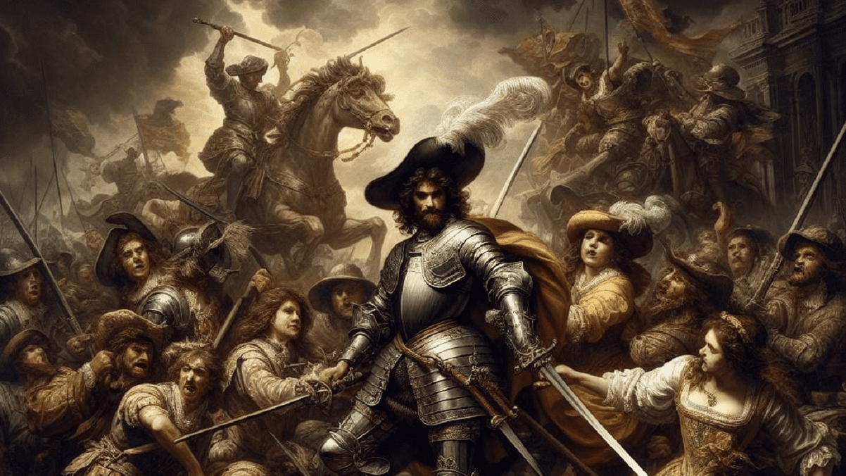 Imagen generada por una inteligencia artificial bajo el comando: "soldado castellano del siglo XVI con un montante rodeado de enemigos".