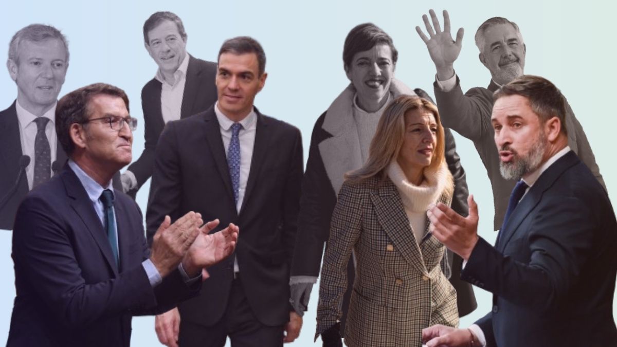 Alberto Núñez Feijóo, Pedro Sánchez, Yolanda Díaz y Santiago Abascal con sus respectivos candidatos para el 18-F