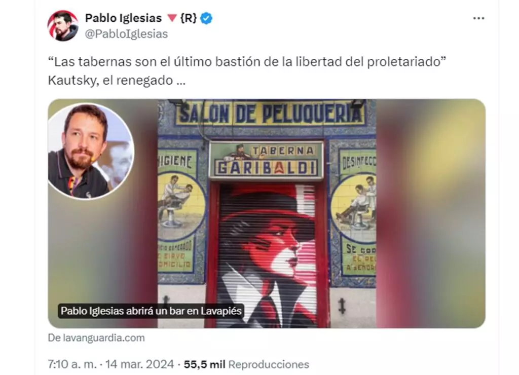 Pablo Iglesias anuncia que abre un bar en Lavapiés, la taberna Garibaldi