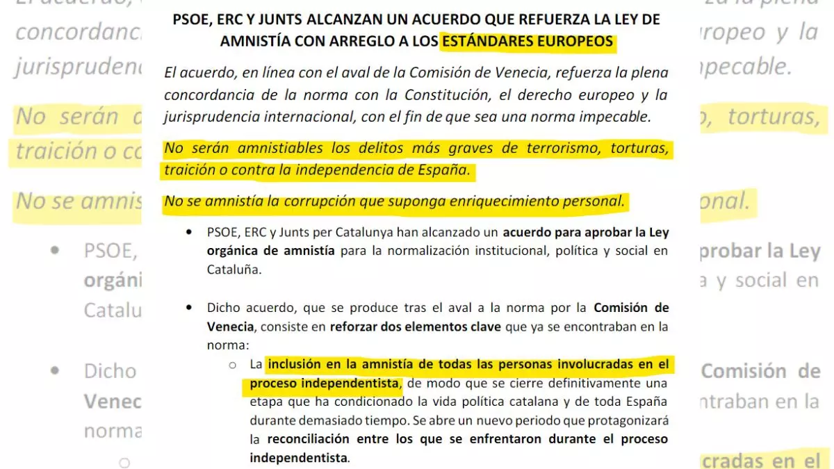 Este es el documento sobre el acuerdo de la amnistía al que ha llegado el PSOE con Junts y ERC