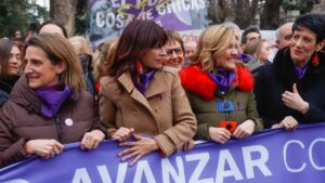 Teresa Ribera, Ana Redondo, Pilar Alegría y Elma Saiz en la manifestación del 8M en Madrid