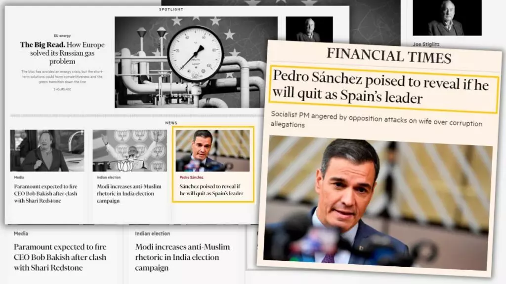 La posible dimisión de Pedro Sánchez, en el diario 'Financial Times'