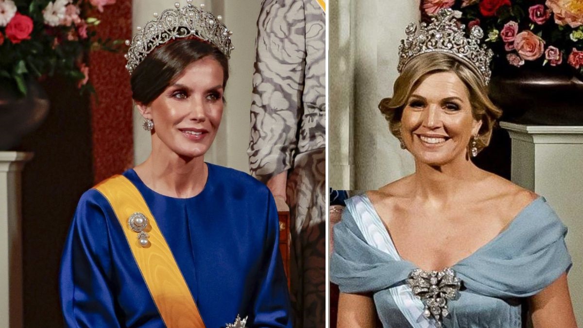 Todos los detalles del vestido azul de novia de la reina Letizia y la tiara rusa y del look de Máxima de Holanda