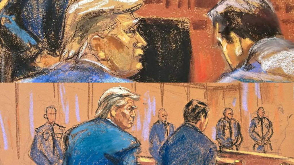 Dibujos de la artista Jene Rosenberg durante el juicio a Donald Trump