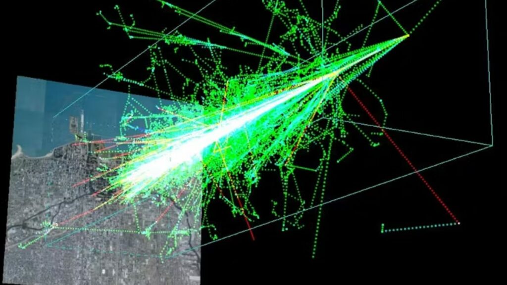 Simulación del impacto de una partícula de 1 TeV (1012 eV) proveniente del espacio exterior, y de la radiación cósmica consecuente, sobre Chicago