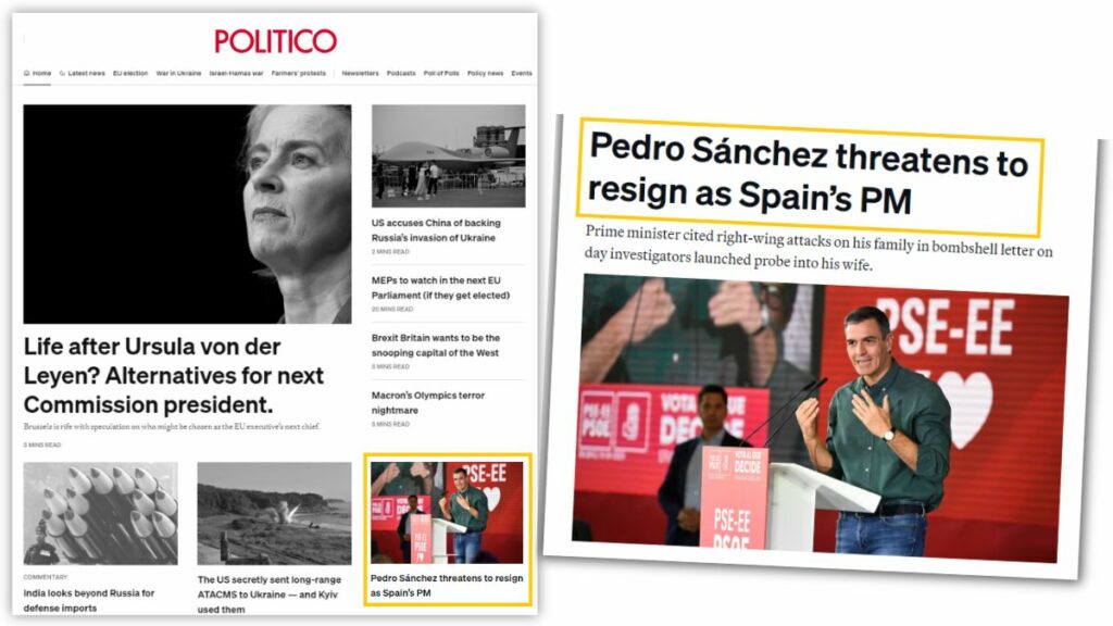 La noticia de Pedro Sánchez sobre su posible dimisión en 'Politico'