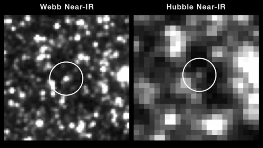 Comparación entre los telescopios espaciales James Webb (izquierda) y Hubble (derecha) donde se aprecian estrellas variables cefeidas con diferentes grados de resolución