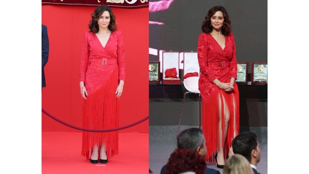 Isabel Díaz Ayuso, con un vestido rojo con flecos de Rocío Osorno