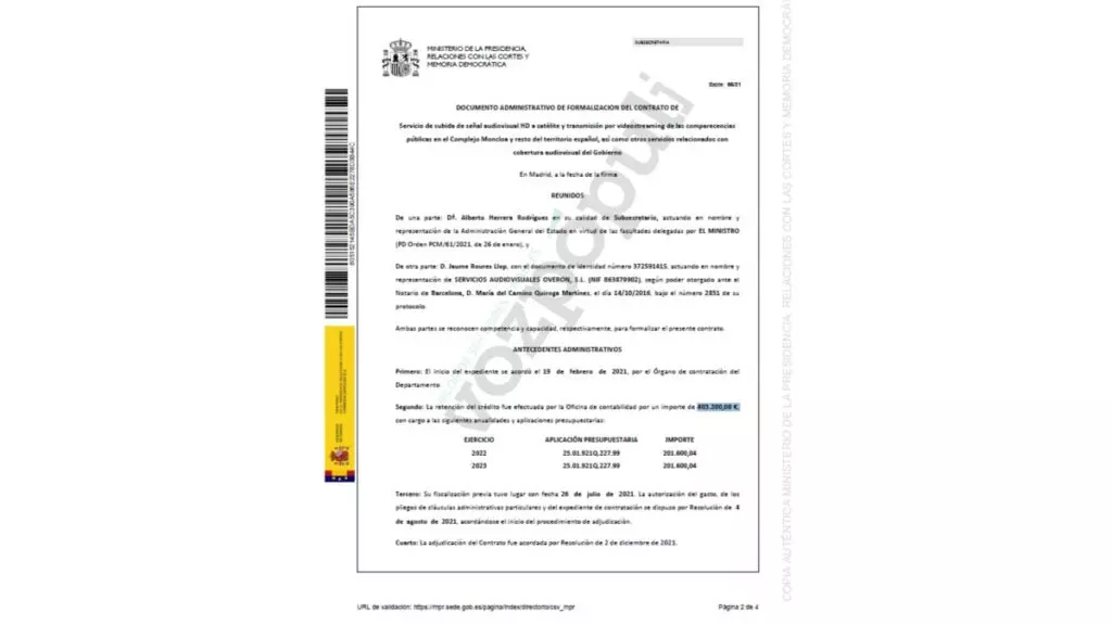 Documento del gasto en la presentación del libro de Pedro Sánchez