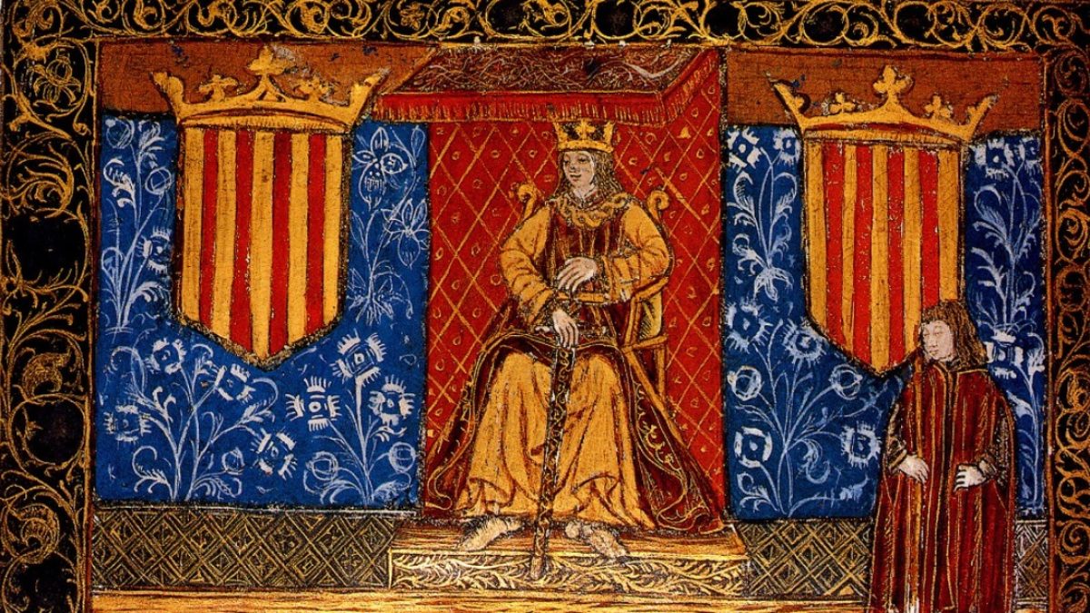El rey Jaime I el Conquistador (1208-1276) presidiendo una sesión de las Cortes. (Incunable de las Constituciones de Cataluña. Archivo de la Corona de Aragón, Barcelona)