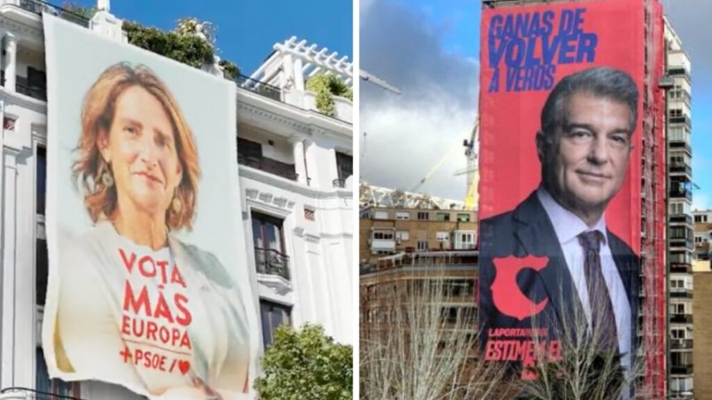 Lona 'fake': el PSOE simula desplegar un cartel de Teresa Ribera en Génova al estilo Joan Laporta