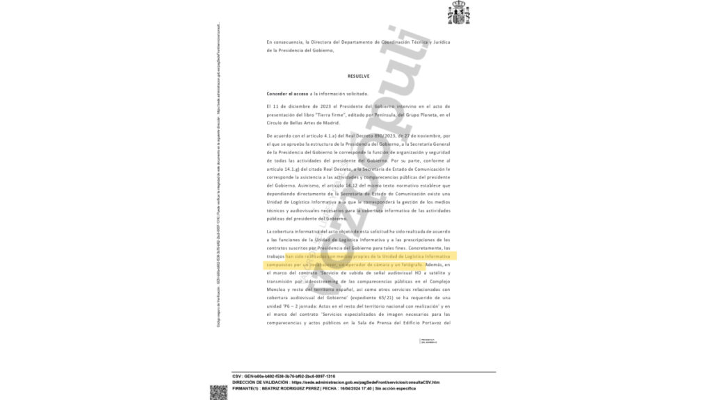 Documento del gasto en la presentación del libro de Pedro Sánchez